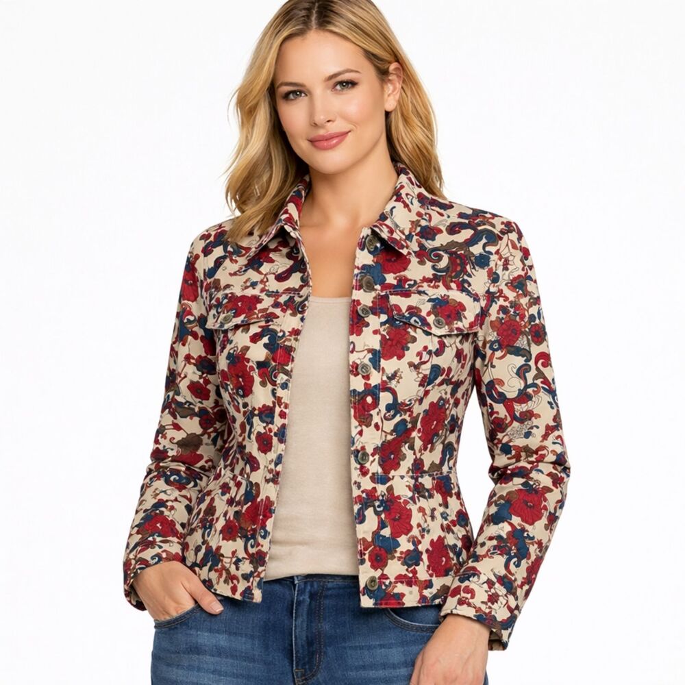 Charter Club Floral Trucker Jacket Womens Sz M Cotton Grandmacore Canvas Shacket